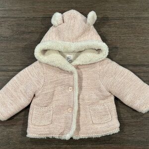 Baby‎ Gap Girls Pink Knit Hooded Cardigan Sweater jacket fleece lined 3-6 mo GUC